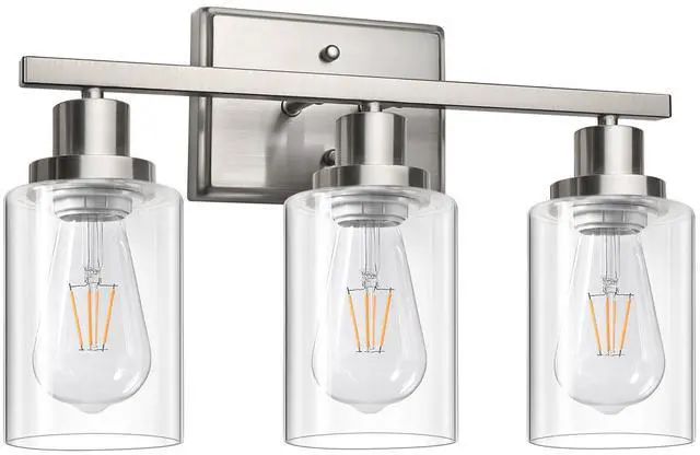 Main image of Bathroom Vanity Light Fixtures, 3 Light Wall Sconces Lighting with Clear Glass Shade, Brushed Nickel Wall Lights for Mirror, Kitchen, Living Room, Gallery, E26 Base (Bulbs Not Included)