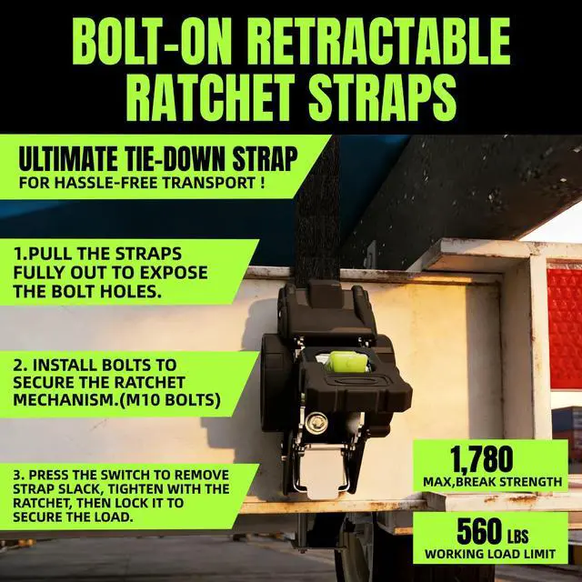 Alt view image 6 of 7 - Retractable Ratchet Straps 1''x 12ft Heavy Duty Tie Downs Bolt on Auto Retract Ratchet Strap 1760lb Break Strength Self Retracting for Truck,Cargo,Trailer,Motorcycle,ATV,UTV (Black-Green,2 Pack)
