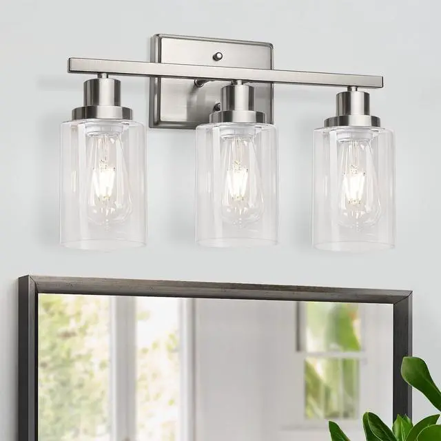 Alt view image 2 of 7 - Bathroom Vanity Light Fixtures, 3 Light Wall Sconces Lighting with Clear Glass Shade, Brushed Nickel Wall Lights for Mirror, Kitchen, Living Room, Gallery, E26 Base (Bulbs Not Included)