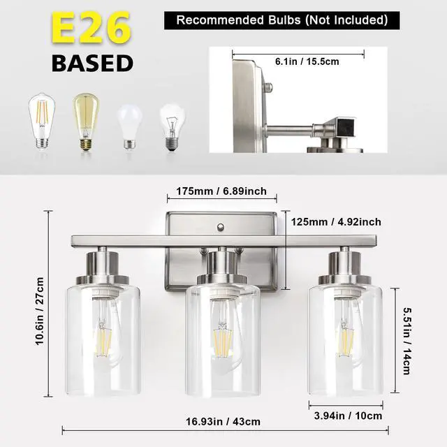 Alt view image 5 of 7 - Bathroom Vanity Light Fixtures, 3 Light Wall Sconces Lighting with Clear Glass Shade, Brushed Nickel Wall Lights for Mirror, Kitchen, Living Room, Gallery, E26 Base (Bulbs Not Included)