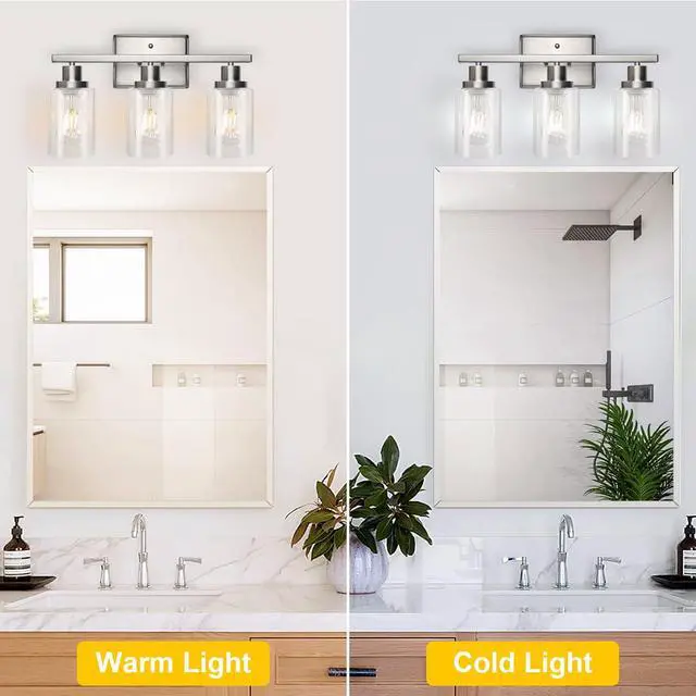Alt view image 6 of 7 - Bathroom Vanity Light Fixtures, 3 Light Wall Sconces Lighting with Clear Glass Shade, Brushed Nickel Wall Lights for Mirror, Kitchen, Living Room, Gallery, E26 Base (Bulbs Not Included)