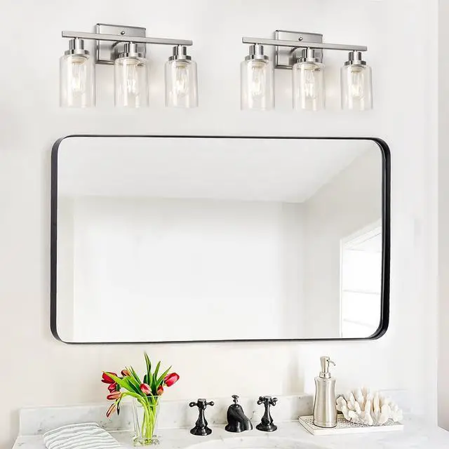 Alt view image 7 of 7 - Bathroom Vanity Light Fixtures, 3 Light Wall Sconces Lighting with Clear Glass Shade, Brushed Nickel Wall Lights for Mirror, Kitchen, Living Room, Gallery, E26 Base (Bulbs Not Included)