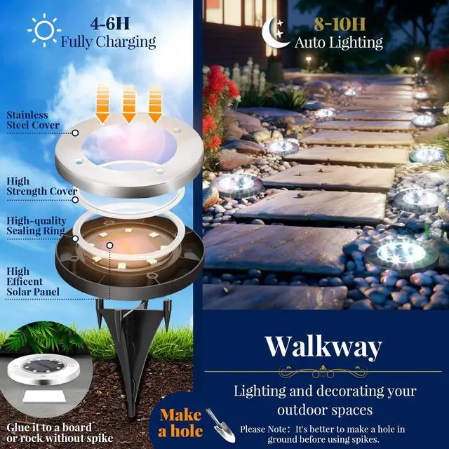 Alt view image 3 of 6 - Solar Ground Lights Outdoor, Garden Lights 12 Pack Cool White | IP65 Waterproof Stainless Steel Landscape Lighting for Walkway, Driveway, Pathway, Patio, Backyard Decor