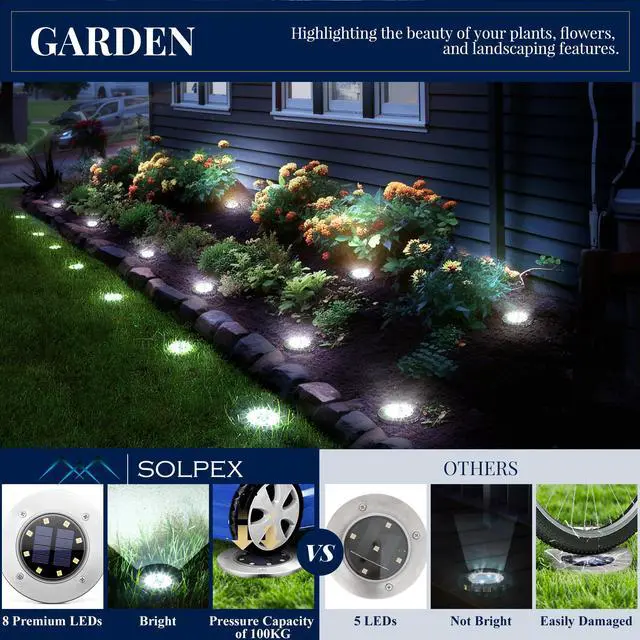 Alt view image 4 of 6 - Solar Ground Lights Outdoor, Garden Lights 12 Pack Cool White | IP65 Waterproof Stainless Steel Landscape Lighting for Walkway, Driveway, Pathway, Patio, Backyard Decor