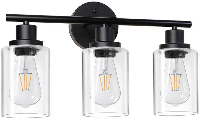 Main image of Modern Bathroom Light Fixtures, 3 Light Vanity Lights, Black Wall Lamp with Clear Glass for Bathroom, Mirror, Living Room, Bedroom, Hallway, E26 Base