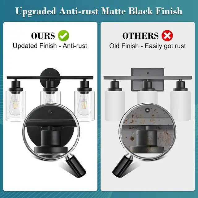 Alt view image 4 of 7 - Modern Bathroom Light Fixtures, 3 Light Vanity Lights, Black Wall Lamp with Clear Glass for Bathroom, Mirror, Living Room, Bedroom, Hallway, E26 Base