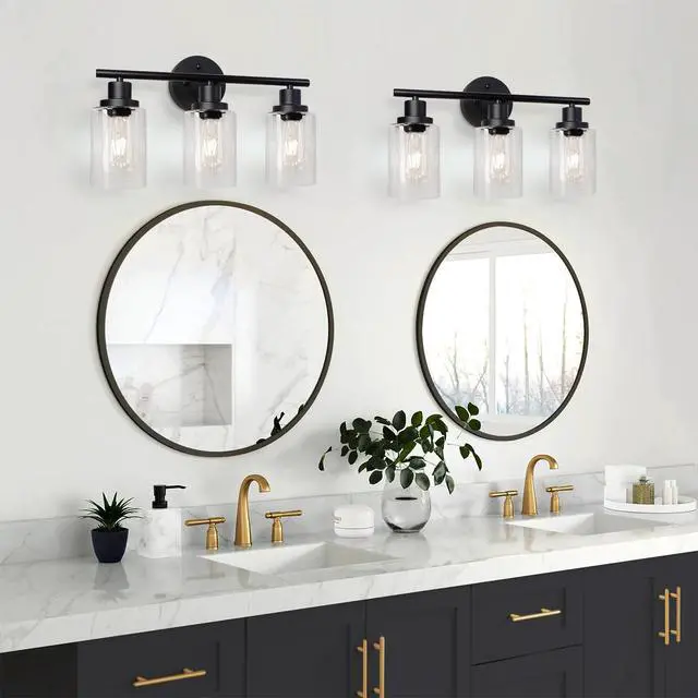 Alt view image 7 of 7 - Modern Bathroom Light Fixtures, 3 Light Vanity Lights, Black Wall Lamp with Clear Glass for Bathroom, Mirror, Living Room, Bedroom, Hallway, E26 Base
