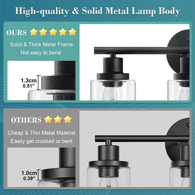 Alt view image 3 of 7 - Modern Bathroom Light Fixtures, 3 Light Vanity Lights, Black Wall Lamp with Clear Glass for Bathroom, Mirror, Living Room, Bedroom, Hallway, E26 Base