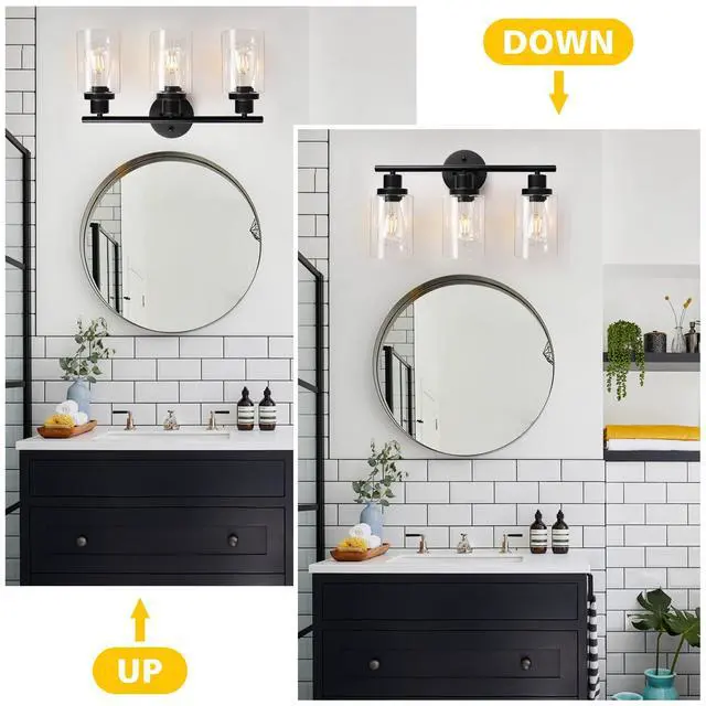 Alt view image 5 of 7 - Modern Bathroom Light Fixtures, 3 Light Vanity Lights, Black Wall Lamp with Clear Glass for Bathroom, Mirror, Living Room, Bedroom, Hallway, E26 Base