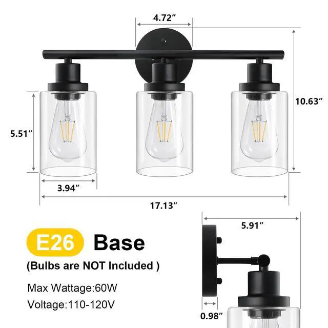 Alt view image 6 of 7 - Modern Bathroom Light Fixtures, 3 Light Vanity Lights, Black Wall Lamp with Clear Glass for Bathroom, Mirror, Living Room, Bedroom, Hallway, E26 Base