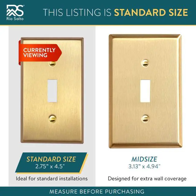 Alt view image 2 of 7 - BRASS Toggle Light Switch Cover Plate Flip Switch Plate Outlet Covers Wall Plates 1 Gang Brushed Brass Gold Metal Signature Collection, Standard Size 2.75" X 4.50"