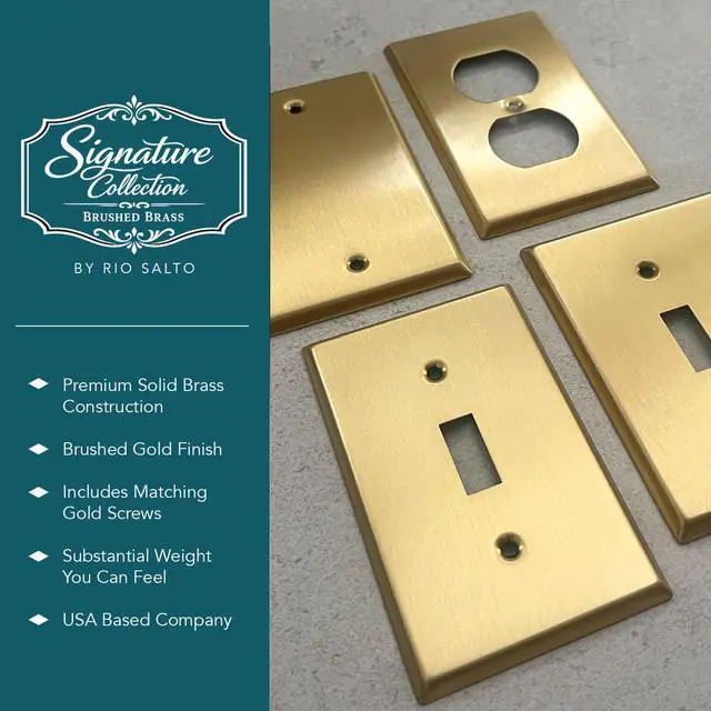 Alt view image 5 of 7 - BRASS Toggle Light Switch Cover Plate Flip Switch Plate Outlet Covers Wall Plates 1 Gang Brushed Brass Gold Metal Signature Collection, Standard Size 2.75" X 4.50"