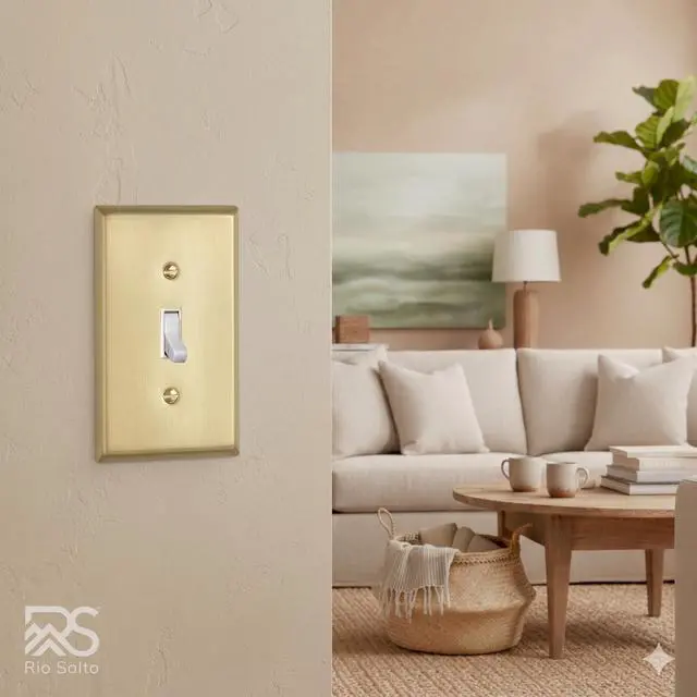 Alt view image 7 of 7 - BRASS Toggle Light Switch Cover Plate Flip Switch Plate Outlet Covers Wall Plates 1 Gang Brushed Brass Gold Metal Signature Collection, Standard Size 2.75" X 4.50"