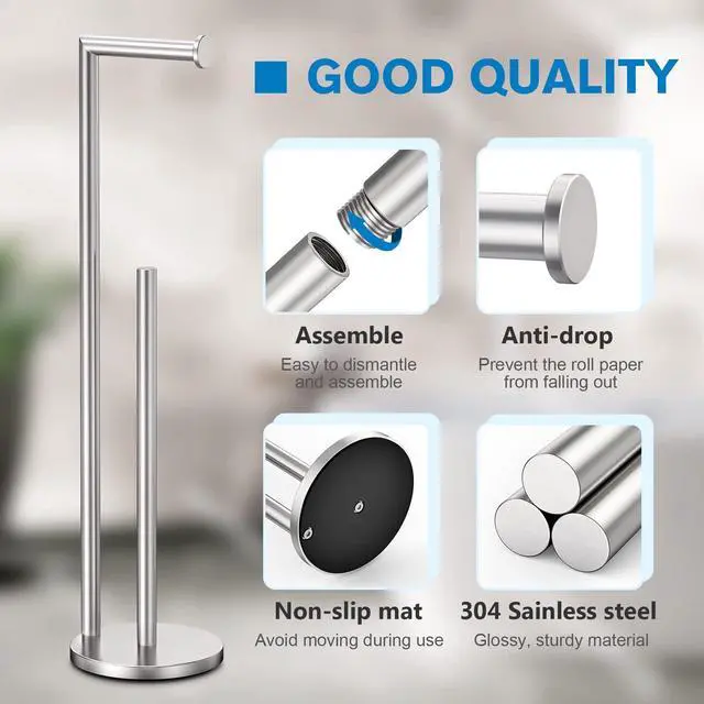 Alt view image 3 of 6 - Toilet Paper Holder Stand, Brushed Nickel Toilet Paper Holder Free Standing | Stainless Steel Toilet Paper Holder for 4 Rolls, Bathroom Organizers and Storage with Anti-Slip Base and Rustproof