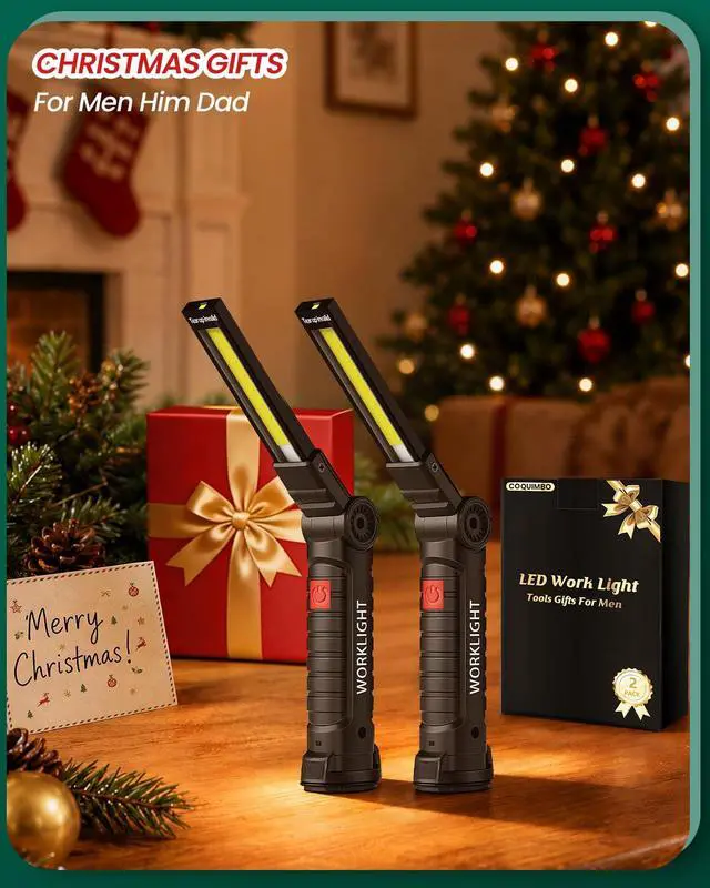 Alt view image 2 of 7 - Rechargeable Work Light, Christmas Tool Gifts for Men 2 Pack Black | Mens Stocking Stuffers for Dad Husband, LED Flashlight, BBQ Light Grill Accessories with Magnetic Base Hook, 360° Rotate
