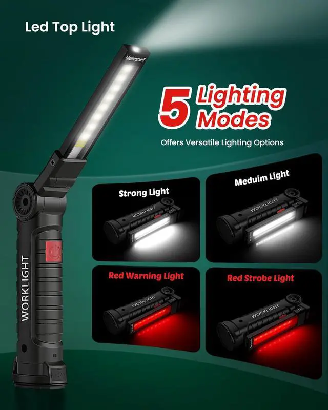 Alt view image 7 of 7 - Rechargeable Work Light, Christmas Tool Gifts for Men 2 Pack Black | Mens Stocking Stuffers for Dad Husband, LED Flashlight, BBQ Light Grill Accessories with Magnetic Base Hook, 360° Rotate