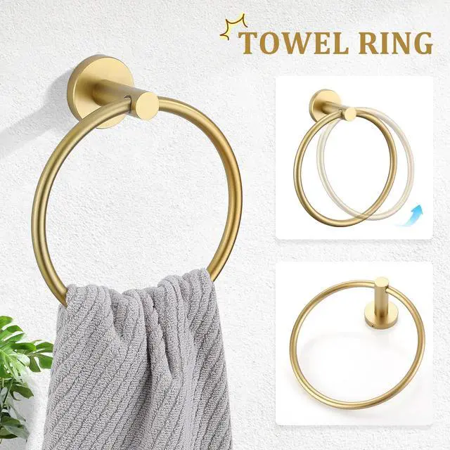 Alt view image 3 of 7 - Brushed Gold 5 Piece Bathroom Hardware Set, SUS304 Stainless Steel 24 Inch Bath Towel Bar Set, Round Bathroom Accessories Kit Wall Mounted