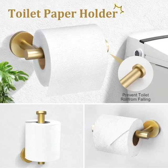 Alt view image 4 of 7 - Brushed Gold 5 Piece Bathroom Hardware Set, SUS304 Stainless Steel 24 Inch Bath Towel Bar Set, Round Bathroom Accessories Kit Wall Mounted