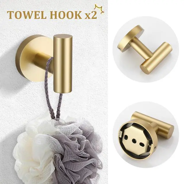 Alt view image 5 of 7 - Brushed Gold 5 Piece Bathroom Hardware Set, SUS304 Stainless Steel 24 Inch Bath Towel Bar Set, Round Bathroom Accessories Kit Wall Mounted