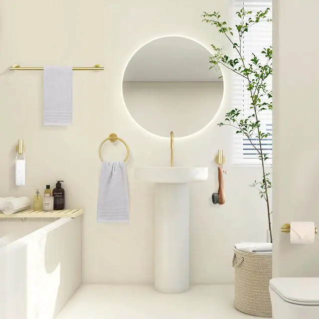 Alt view image 6 of 7 - Brushed Gold 5 Piece Bathroom Hardware Set, SUS304 Stainless Steel 24 Inch Bath Towel Bar Set, Round Bathroom Accessories Kit Wall Mounted