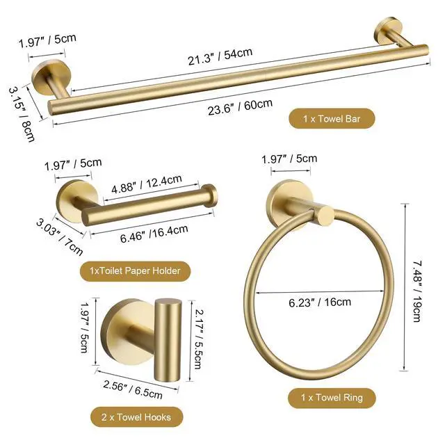 Alt view image 7 of 7 - Brushed Gold 5 Piece Bathroom Hardware Set, SUS304 Stainless Steel 24 Inch Bath Towel Bar Set, Round Bathroom Accessories Kit Wall Mounted