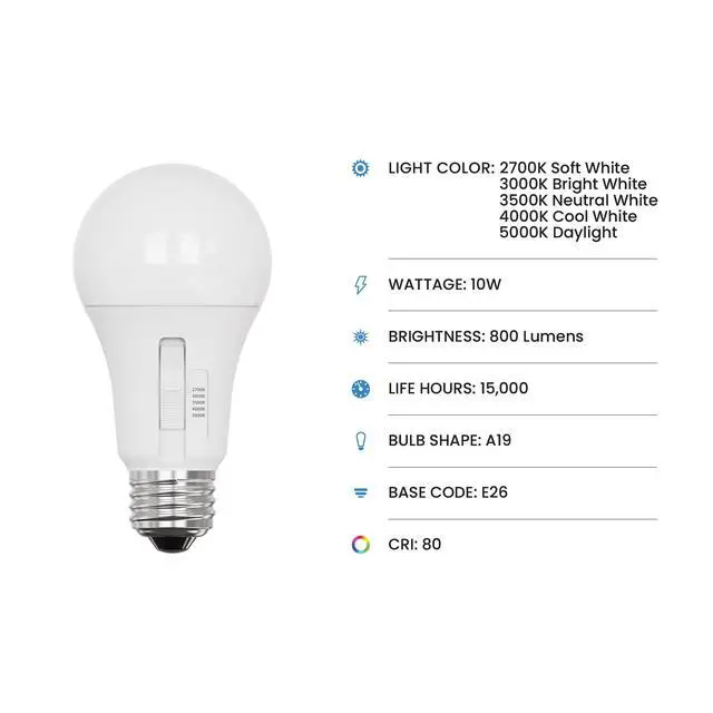 Alt view image 2 of 7 - A19 LED Light Bulb, 60W Eq, Non-Dimmable, 5CCT, 800 Lumens