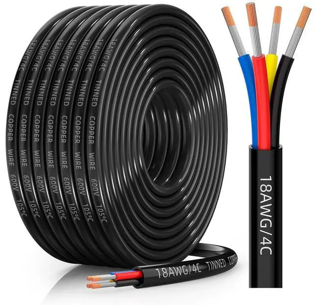 Main image of 18 Gauge Wire, 18/4 Conductor Tinned Copper Electrical Wire, 30FT | Flexible, Waterproof, Flame Retardant, Low Voltage 18 AWG Stranded PVC 4 Wire Cable for Automotive, RV, Marine, RGB LED Strip