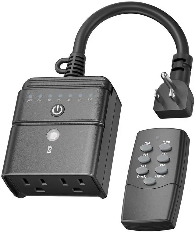 Main image of Outdoor Timer for Lights, 100FT Remote Control, 2 Grounded Outlets | Weatherproof Outdoor Use; Dusk-To-Dawn+2/4/6/8H Countdown; For String Lights, Pump, Fountain, 125V 15A 1/2HP, ETL Listed