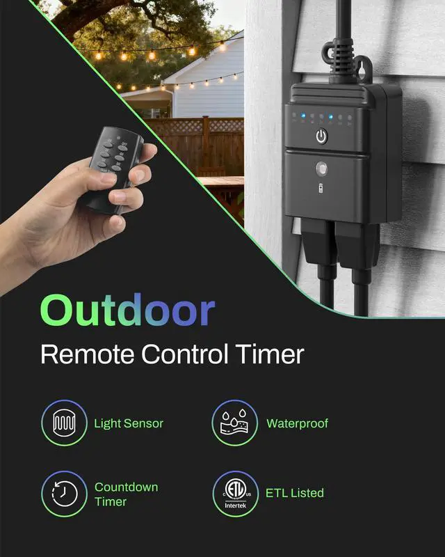 Alt view image 2 of 6 - Outdoor Timer for Lights, 100FT Remote Control, 2 Grounded Outlets | Weatherproof Outdoor Use; Dusk-To-Dawn+2/4/6/8H Countdown; For String Lights, Pump, Fountain, 125V 15A 1/2HP, ETL Listed