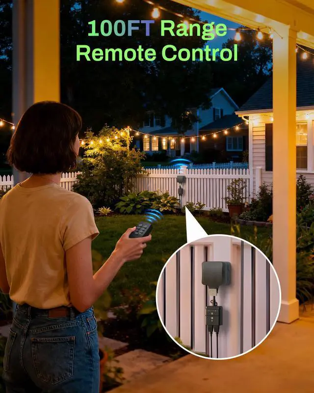 Alt view image 3 of 6 - Outdoor Timer for Lights, 100FT Remote Control, 2 Grounded Outlets | Weatherproof Outdoor Use; Dusk-To-Dawn+2/4/6/8H Countdown; For String Lights, Pump, Fountain, 125V 15A 1/2HP, ETL Listed