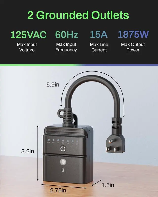 Alt view image 6 of 6 - Outdoor Timer for Lights, 100FT Remote Control, 2 Grounded Outlets | Weatherproof Outdoor Use; Dusk-To-Dawn+2/4/6/8H Countdown; For String Lights, Pump, Fountain, 125V 15A 1/2HP, ETL Listed