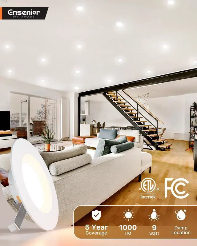 Alt view image 3 of 7 - 5/6 Inch LED Recessed Can Lights, 5CCT, 9W, 1000LM, 6 Pack | Retrofit Baffle Trim, 5%-100% Dimmable, 2700K-5000K Selectable CCT, Damp&IC Rated, ETL&FCC Certified, Quick E26 Install