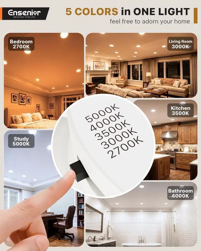 Alt view image 4 of 7 - 5/6 Inch LED Recessed Can Lights, 5CCT, 9W, 1000LM, 6 Pack | Retrofit Baffle Trim, 5%-100% Dimmable, 2700K-5000K Selectable CCT, Damp&IC Rated, ETL&FCC Certified, Quick E26 Install