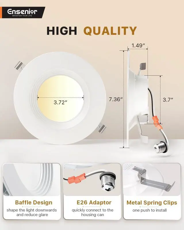 Alt view image 6 of 7 - 5/6 Inch LED Recessed Can Lights, 5CCT, 9W, 1000LM, 6 Pack | Retrofit Baffle Trim, 5%-100% Dimmable, 2700K-5000K Selectable CCT, Damp&IC Rated, ETL&FCC Certified, Quick E26 Install