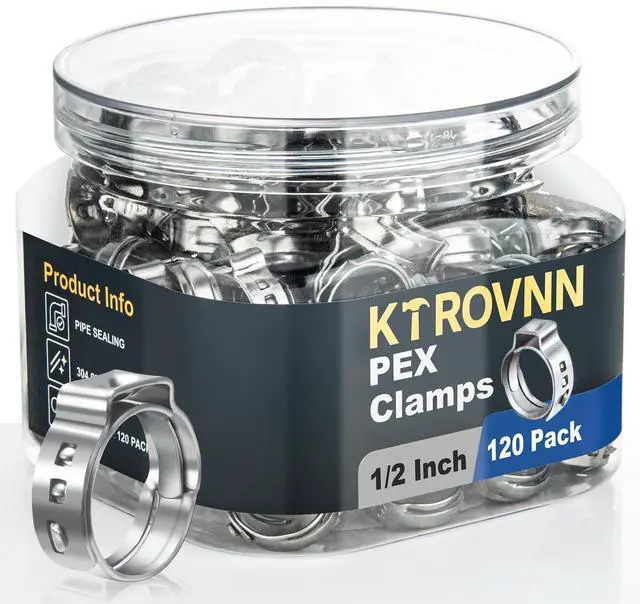 Main image of 1/2 Inch PEX Crimp Rings 120 Pack for PEX Fittings Plumbing | 304 stainless steel PEX clamps, meets ASTM F2098, heavy gauge band resists snapping, interlock ear holds 360 tension