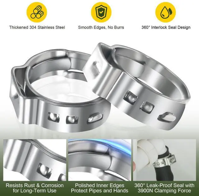 Alt view image 4 of 7 - 1/2 Inch PEX Crimp Rings 120 Pack for PEX Fittings Plumbing | 304 stainless steel PEX clamps, meets ASTM F2098, heavy gauge band resists snapping, interlock ear holds 360 tension
