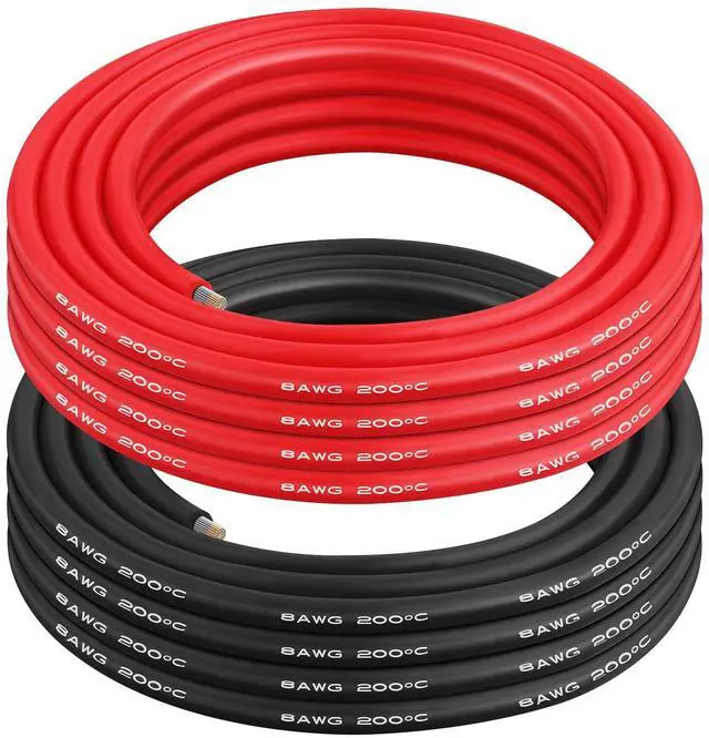 Main image of 8 AWG Silicone Wire, 10 ft Red and 10 ft Black | Flexible fine-strand tinned copper cable with heat-resistant silicone insulation for batteries, RC and electronics wiring