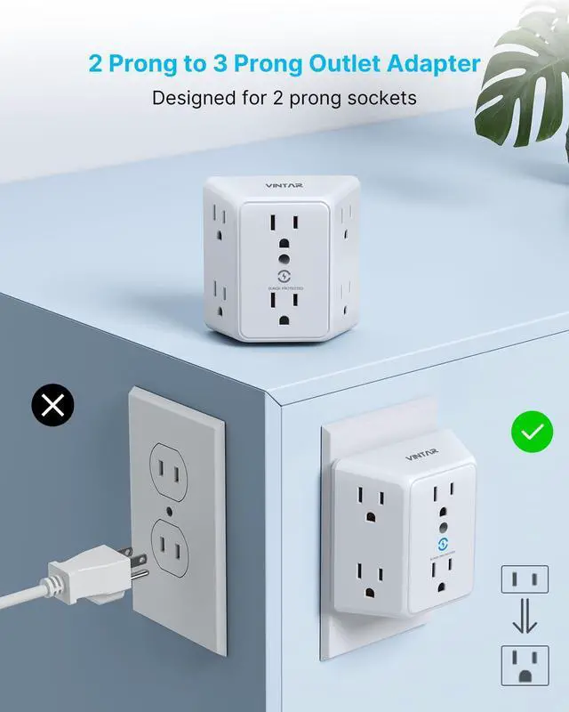 Alt view image 2 of 6 - 2 Prong to 3 Prong Outlet Adapter, 3 Sided 6 Outlet Extender | Widely Spaced, Polarized Plug, Wall Plug Extender, 900J Wall Charger Surge Protector, Non Grounded Outlets for Older House
