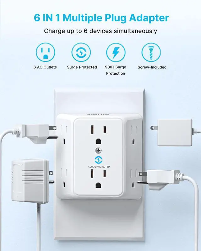 Alt view image 3 of 6 - 2 Prong to 3 Prong Outlet Adapter, 3 Sided 6 Outlet Extender | Widely Spaced, Polarized Plug, Wall Plug Extender, 900J Wall Charger Surge Protector, Non Grounded Outlets for Older House