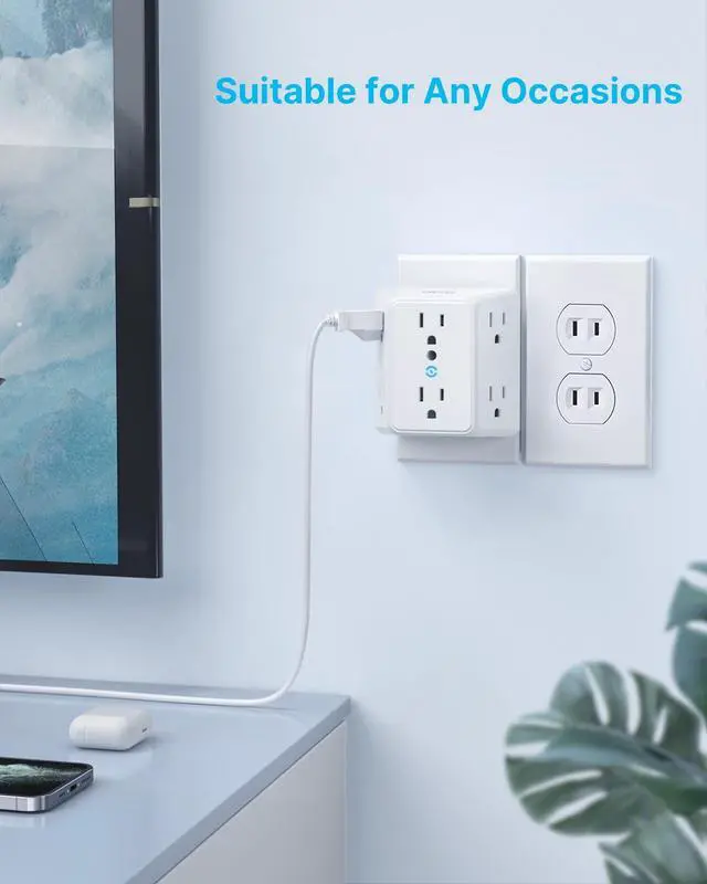 Alt view image 4 of 6 - 2 Prong to 3 Prong Outlet Adapter, 3 Sided 6 Outlet Extender | Widely Spaced, Polarized Plug, Wall Plug Extender, 900J Wall Charger Surge Protector, Non Grounded Outlets for Older House