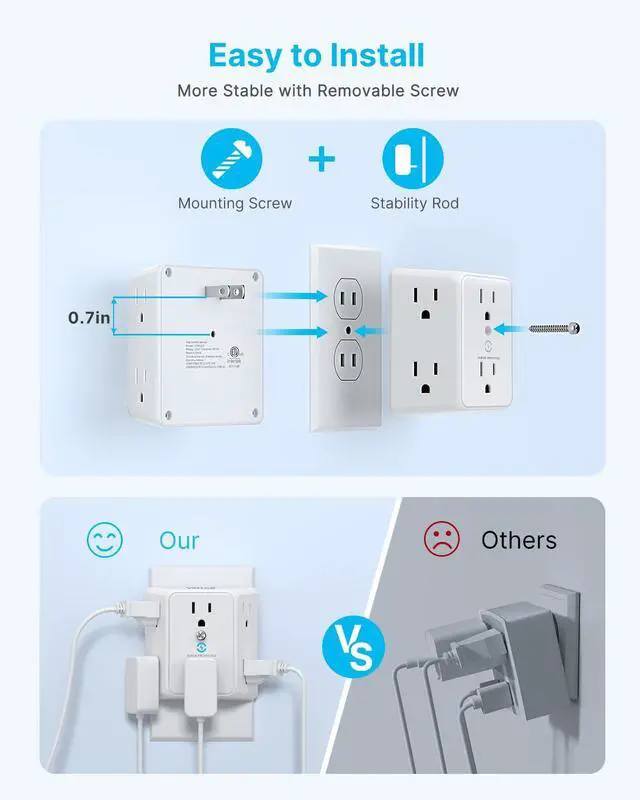 Alt view image 5 of 6 - 2 Prong to 3 Prong Outlet Adapter, 3 Sided 6 Outlet Extender | Widely Spaced, Polarized Plug, Wall Plug Extender, 900J Wall Charger Surge Protector, Non Grounded Outlets for Older House