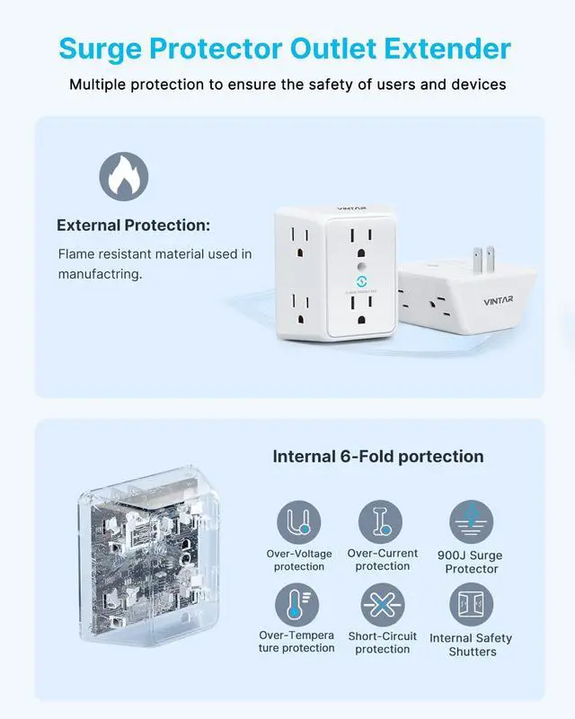 Alt view image 6 of 6 - 2 Prong to 3 Prong Outlet Adapter, 3 Sided 6 Outlet Extender | Widely Spaced, Polarized Plug, Wall Plug Extender, 900J Wall Charger Surge Protector, Non Grounded Outlets for Older House