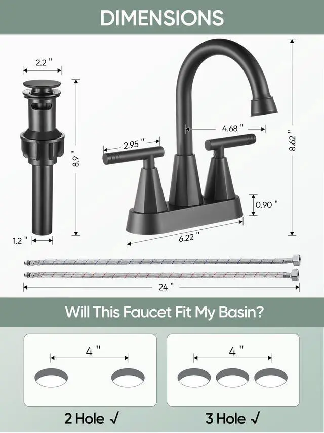 Alt view image 4 of 7 - Matte Black Bathroom Faucets, Centerset Bathroom Sink Faucet 4 Inch | with Pop Up Drain and Supply Hoses, 2 Handle Stainless Steel Faucet for Vanity, RV, Farmhouse, 2 or 3 Hole