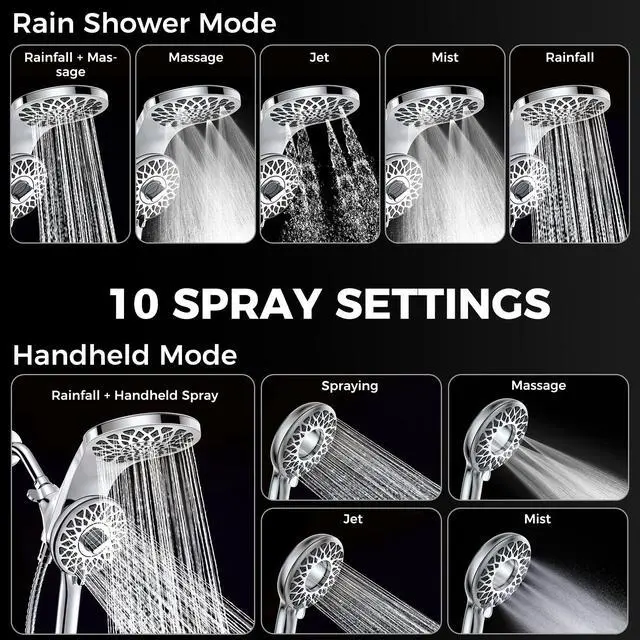 Alt view image 2 of 7 - High Pressure Rain Shower Head with Handheld Spray Combo | Detachable Dual Shower Head with 10 Sprays Modes - Upgrade Knob Spray Mode Selector and Magnetic Guidance Docking System