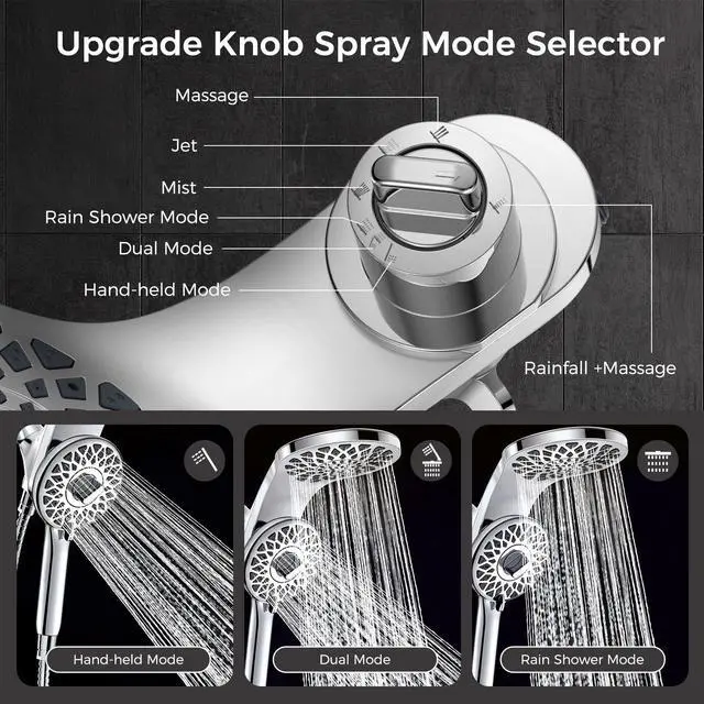 Alt view image 4 of 7 - High Pressure Rain Shower Head with Handheld Spray Combo | Detachable Dual Shower Head with 10 Sprays Modes - Upgrade Knob Spray Mode Selector and Magnetic Guidance Docking System
