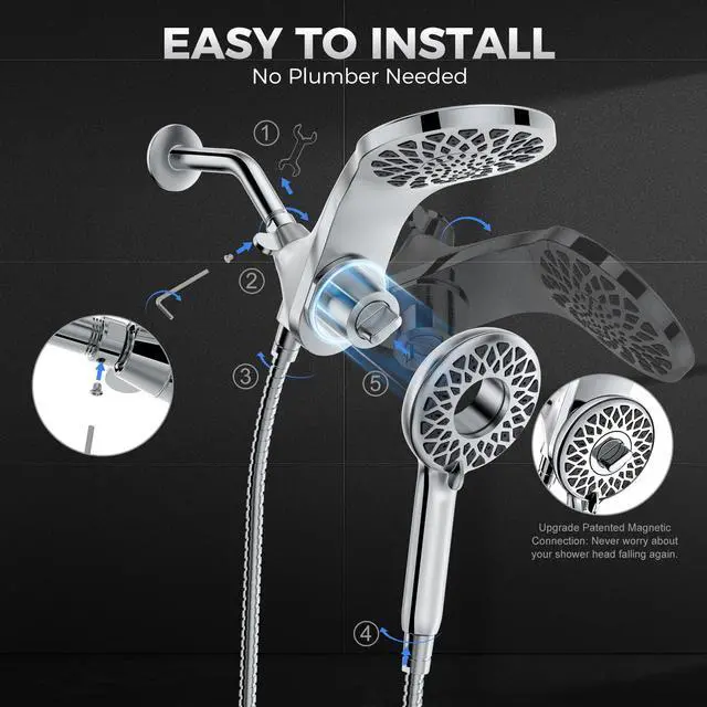 Alt view image 6 of 7 - High Pressure Rain Shower Head with Handheld Spray Combo | Detachable Dual Shower Head with 10 Sprays Modes - Upgrade Knob Spray Mode Selector and Magnetic Guidance Docking System