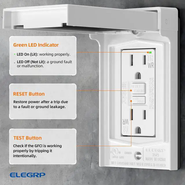 Alt view image 4 of 7 - Outdoor GFCI Outlet with Cover, Weather Resistant GFCI Receptacle and Wall Plate, 15 Amp Self-Test GFI Electrical Outlet, Thinner Design Ground Fault Receptacle, UL Listed, Matte White, 1 Pack