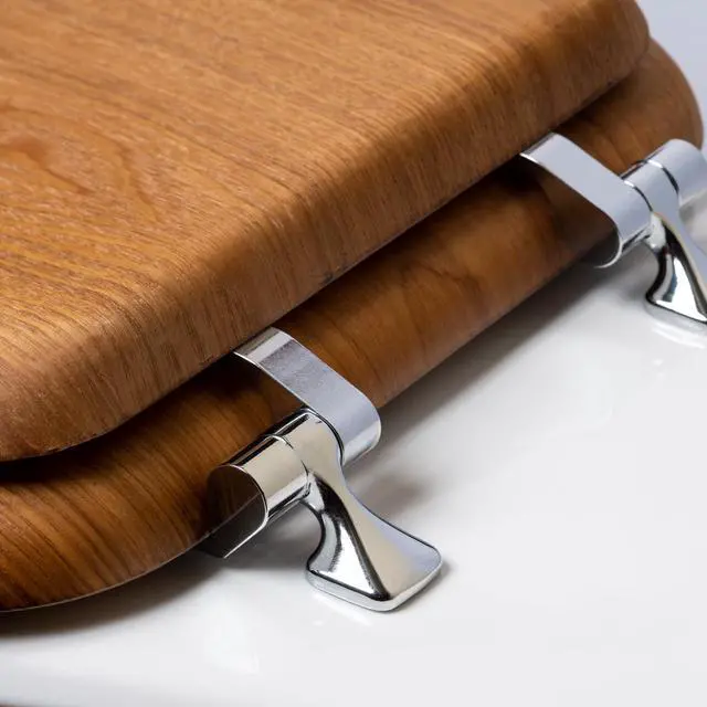 Alt view image 2 of 7 - Mayfair Natural Oak Veneer Toilet Seat with Chrome Hinges, Round, Wood