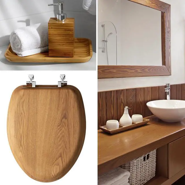 Alt view image 4 of 7 - Mayfair Natural Oak Veneer Toilet Seat with Chrome Hinges, Round, Wood