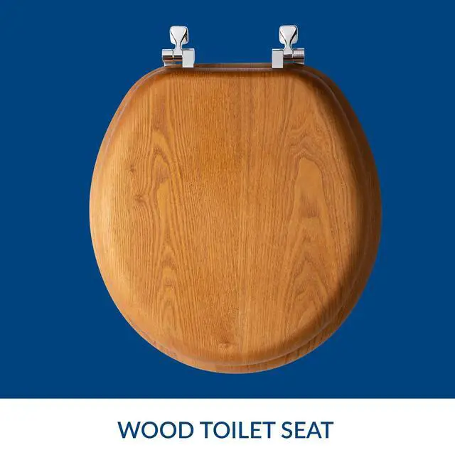 Alt view image 3 of 7 - Mayfair Natural Oak Veneer Toilet Seat with Chrome Hinges, Round, Wood